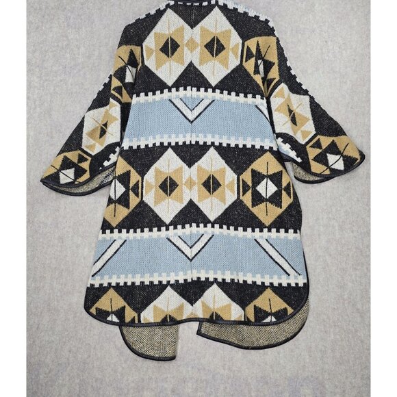 H&M Geometric Tribal Print Wrap Cardigan Blue/Beige Black Contrast Trim Made In - Picture 2 of 8